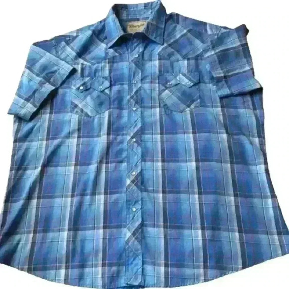 Wrangler Other - Vintage Wrangler Pearl Snap Western Shirt -‎ Blue Plaid Double Snap Pockets XXL